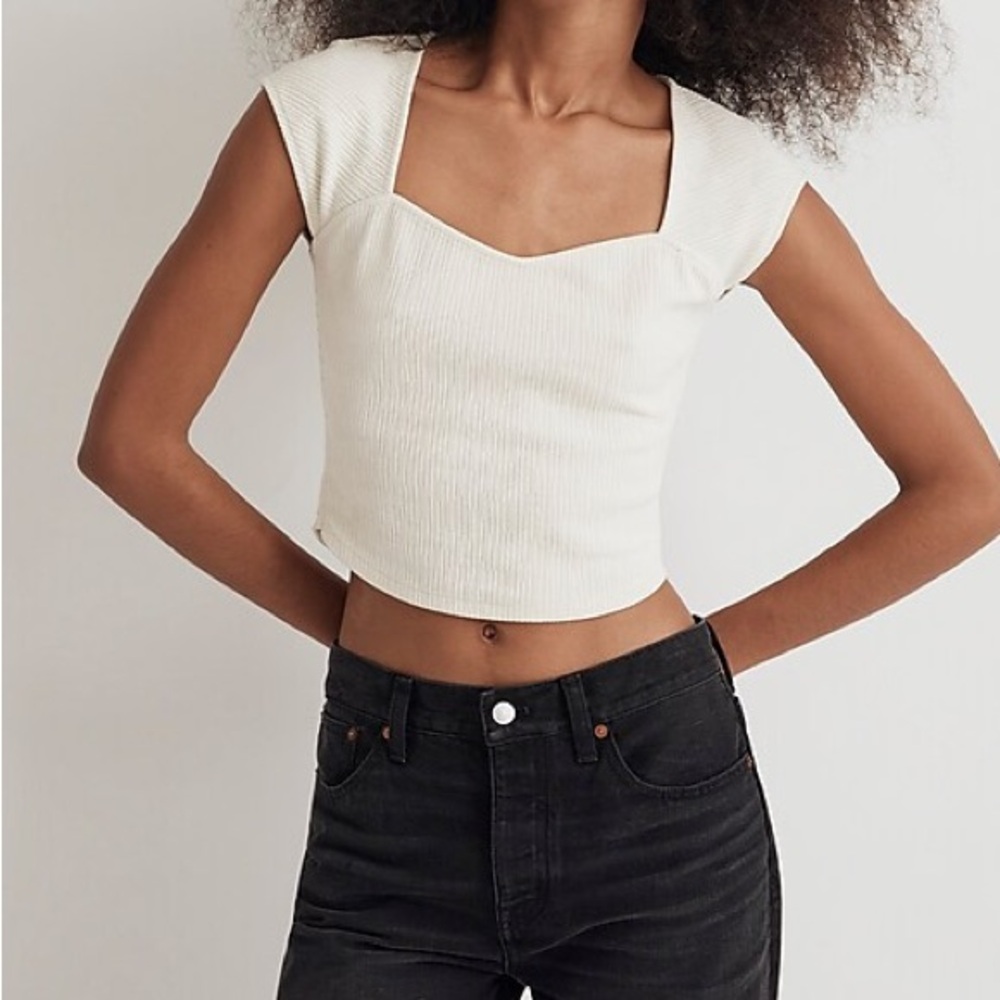 Madewell Jacquard Cap-Sleeve Sweetheart Cropped Top